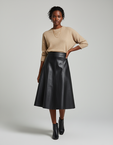 Jupe Midi Similicuir Noire Élégante