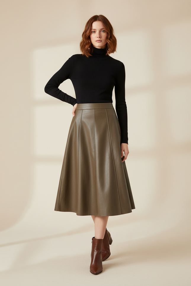 Jupe Midi Khaki Faux Cuir Élégante