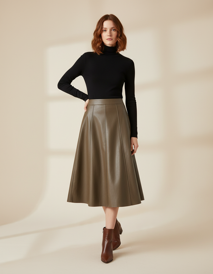 Jupe Midi Khaki Faux Cuir Élégante