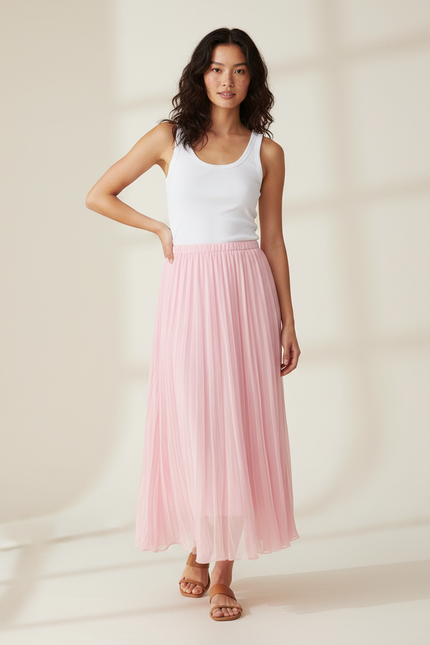 Jupe Midi Rose Pâle Plissée Fluide