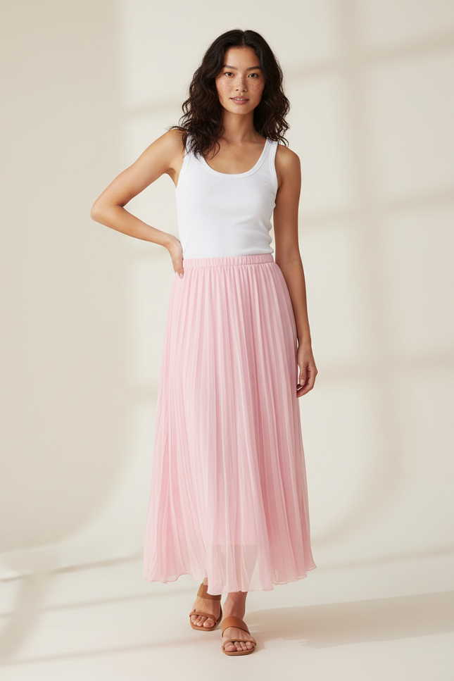 Jupe Midi Rose Pâle Plissée Fluide