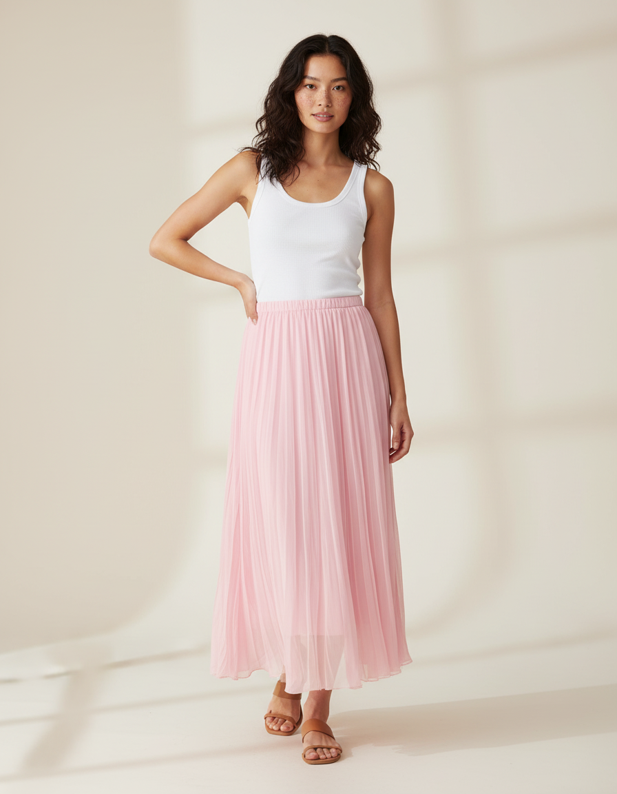 Jupe Midi Rose Pâle Plissée Fluide