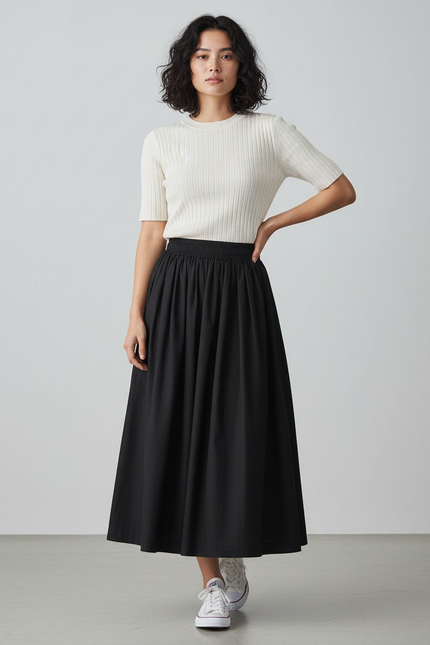 Jupe Midi Noire Taille Haute Plissée