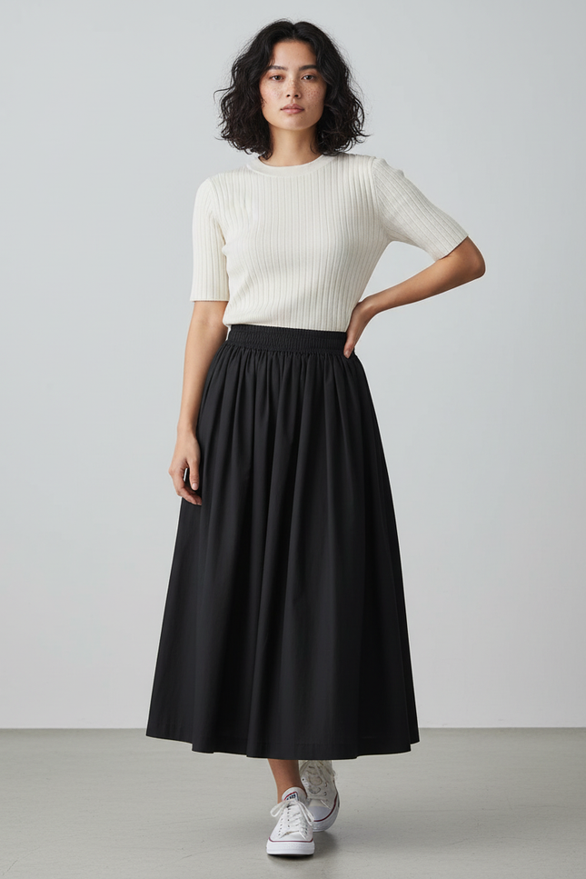 Jupe Midi Noire Taille Haute Plissée