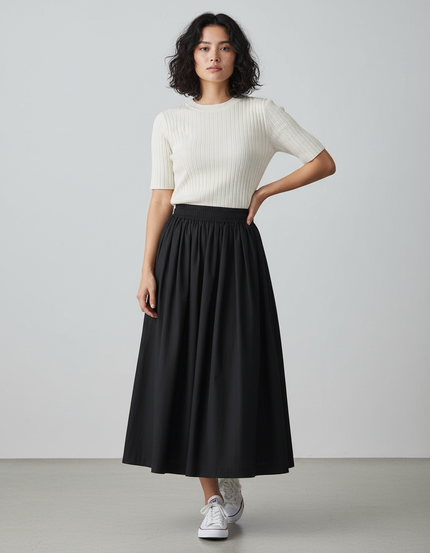 Jupe Midi Noire Taille Haute Plissée