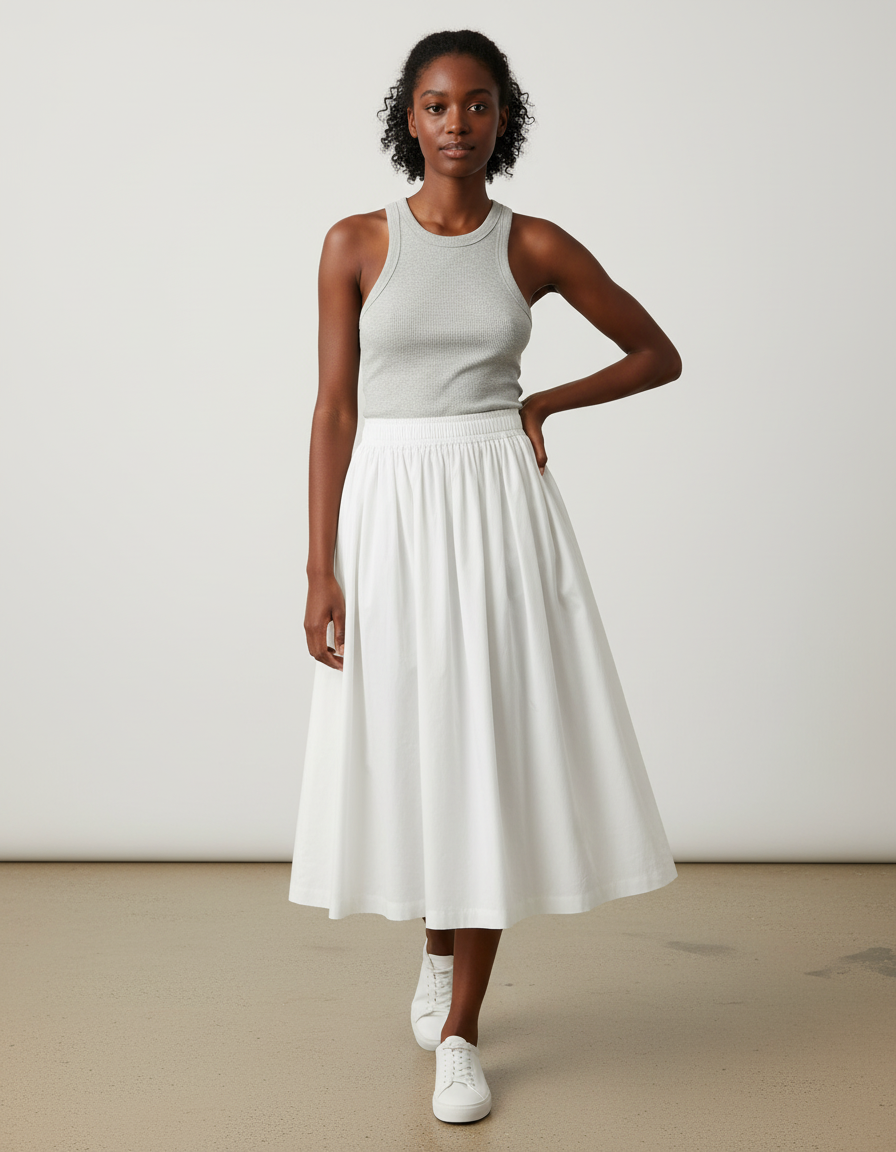 Jupe Midi Blanche Plissée Décontractée