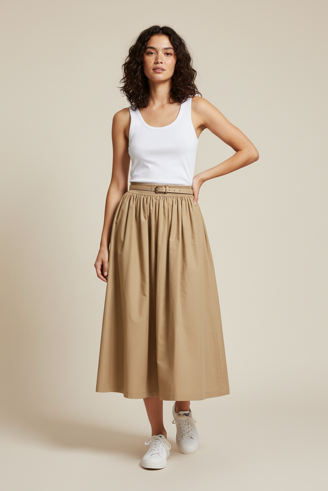 Jupe Midi Beige Plissée Fluide