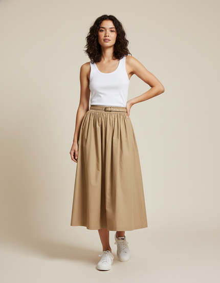 Jupe Midi Beige Plissée Fluide