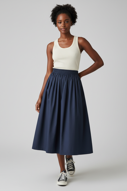 Jupe Midi Bleu Marine Plissée Décontractée