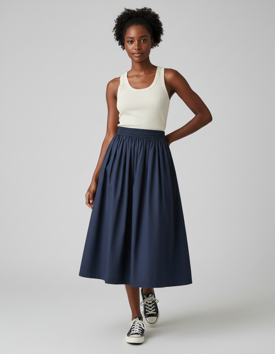 Jupe Midi Bleu Marine Plissée Décontractée