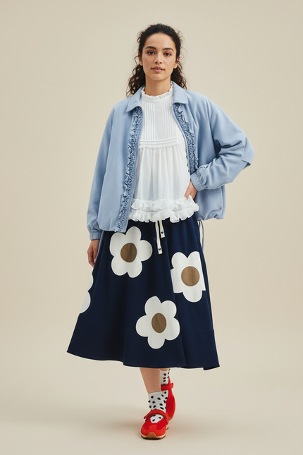 Jupe Midi Bleu Marine Fluide À Fleurs