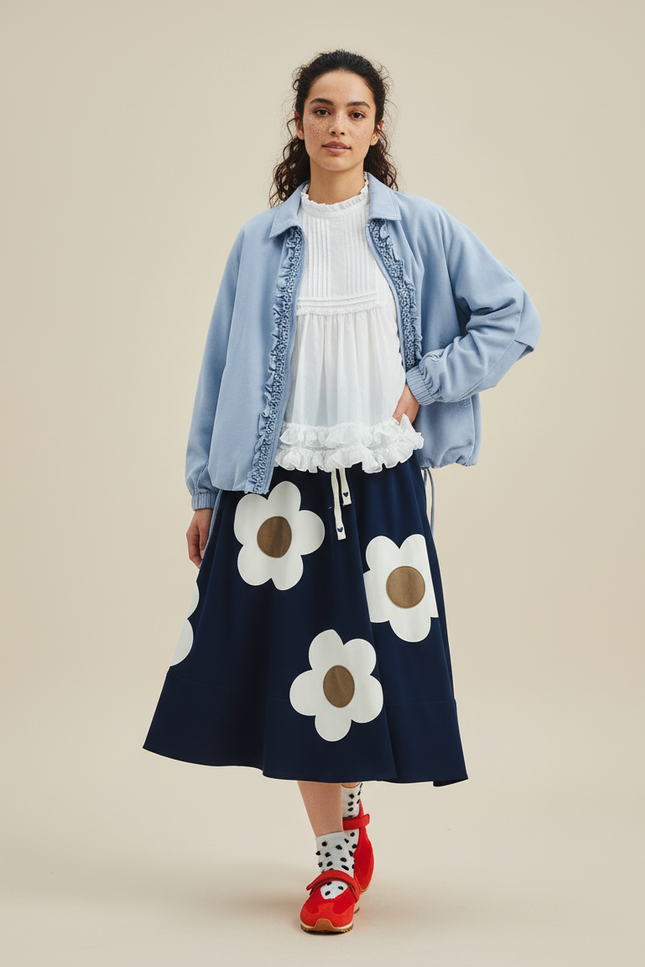 Jupe Midi Bleu Marine Fluide À Fleurs