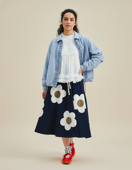 Jupe Midi Bleu Marine Fluide À Fleurs