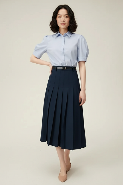 Jupe Midi Plissée Bleu Marine Élégante