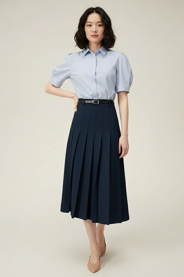 Jupe Midi Plissée Bleu Marine Élégante