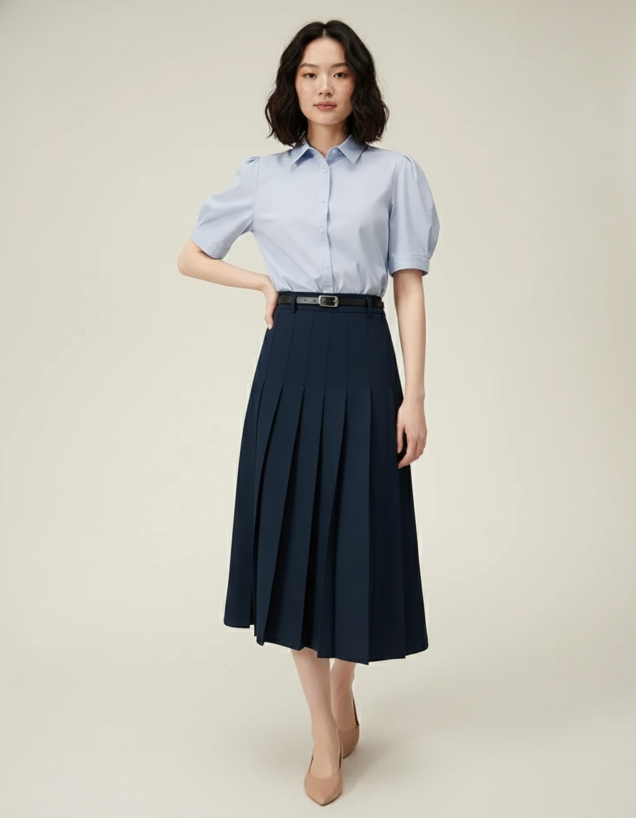 Jupe Midi Plissée Bleu Marine Élégante