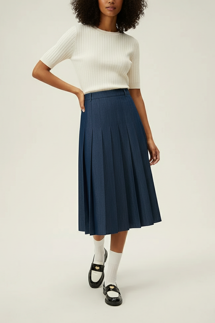Jupe Midi Bleue Marine Plissée Élégante