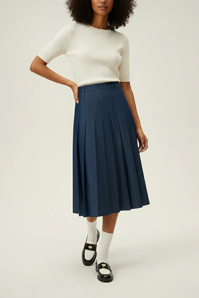 Jupe Midi Bleue Marine Plissée Élégante