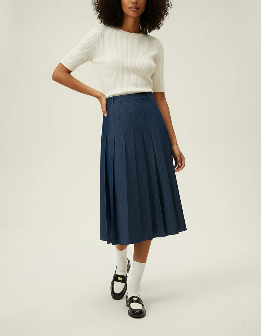 Jupe Midi Bleue Marine Plissée Élégante