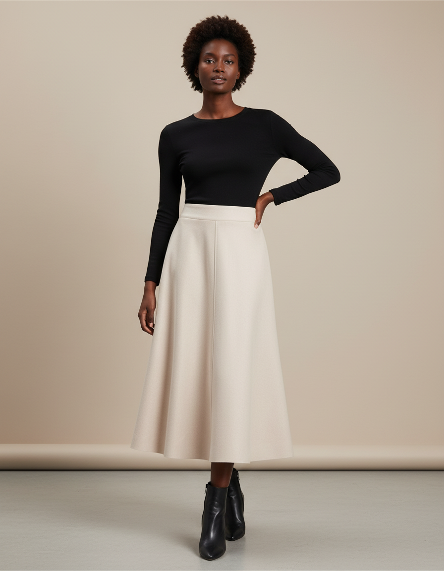 Jupe Midi Évasée Taille Haute