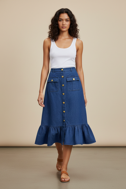 Jupe Jean Midi Boutonnée Devant