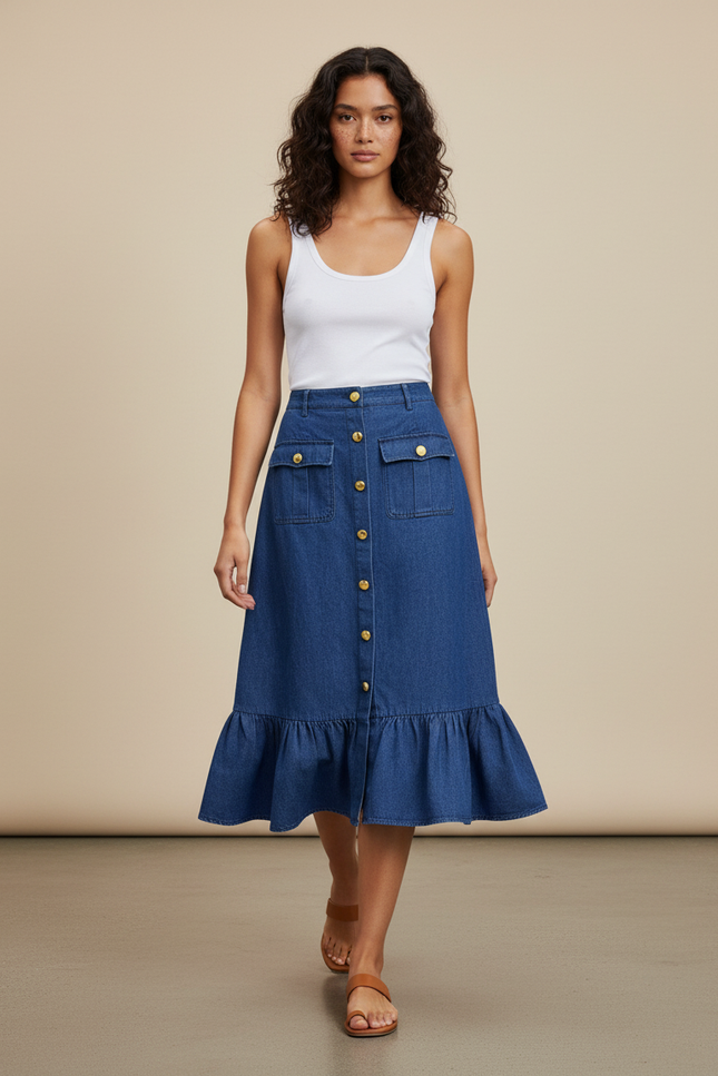 Jupe Jean Midi Boutonnée Devant
