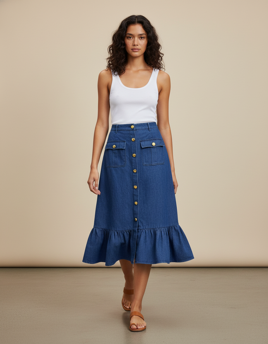 Jupe Jean Midi Boutonnée Devant