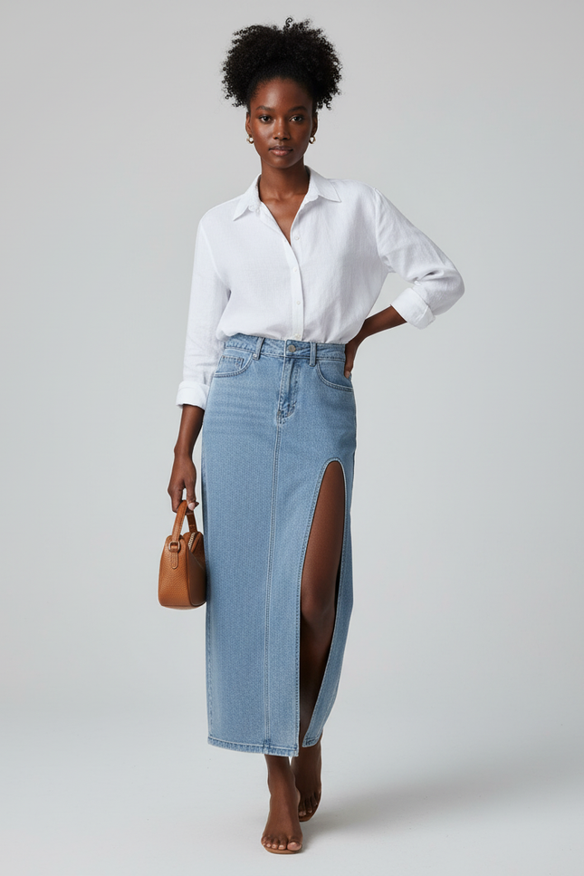 Jupe Midi Denim Fendu Chic
