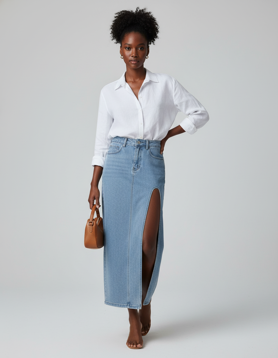 Jupe Midi Denim Fendu Chic