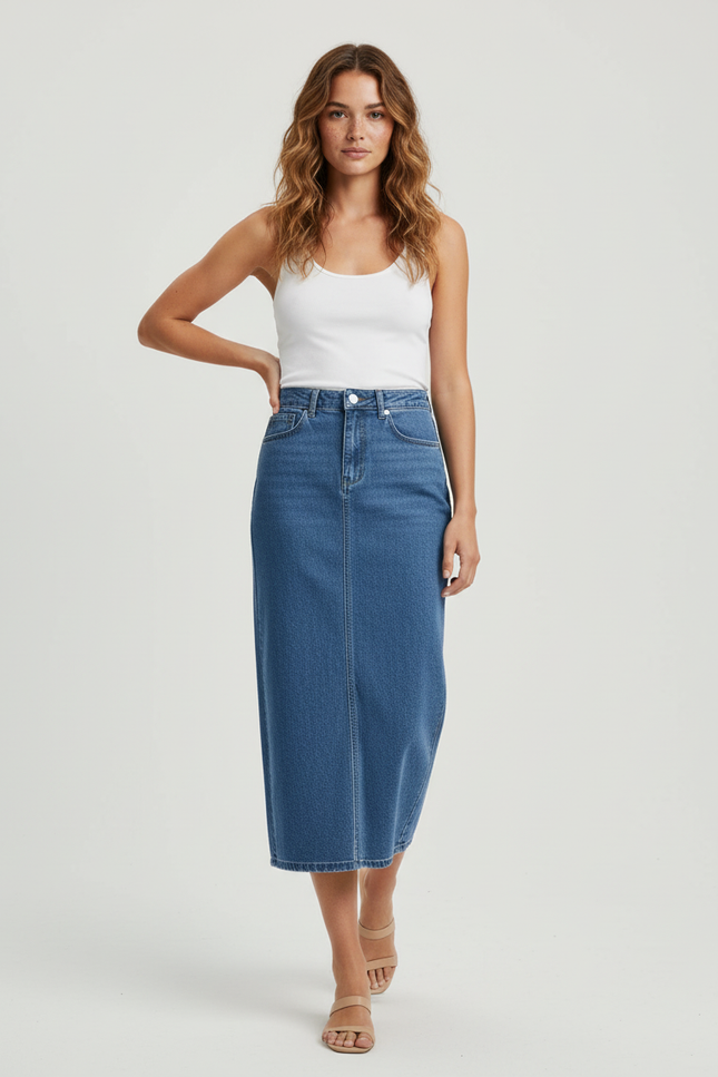 Jupe Midi Denim Taille Haute Décontractée