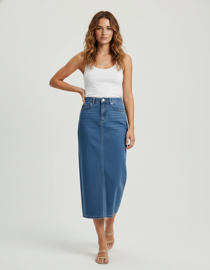 Jupe Midi Denim Taille Haute Décontractée