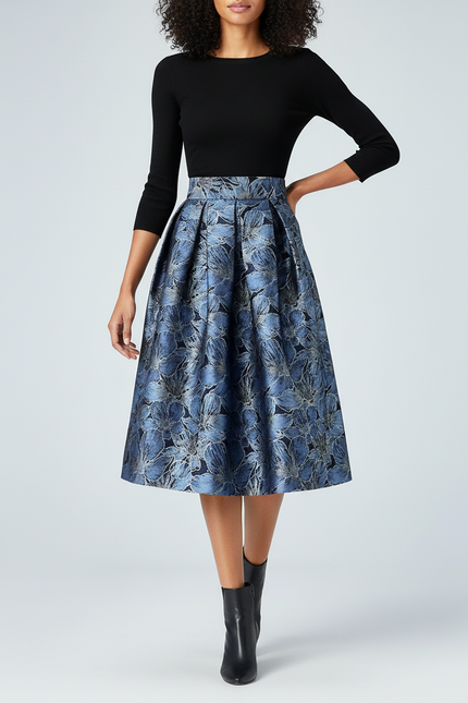 Jupe Midi Bleue Florale Plissée Élégante