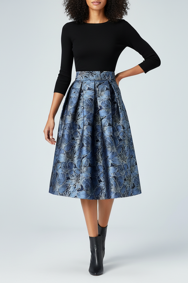 Jupe Midi Bleue Florale Plissée Élégante