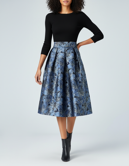 Jupe Midi Bleue Florale Plissée Élégante