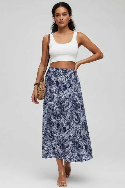 Jupe Midi Imprimé Cachemire Bleu Fluide