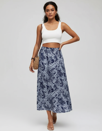 Jupe Midi Imprimé Cachemire Bleu Fluide