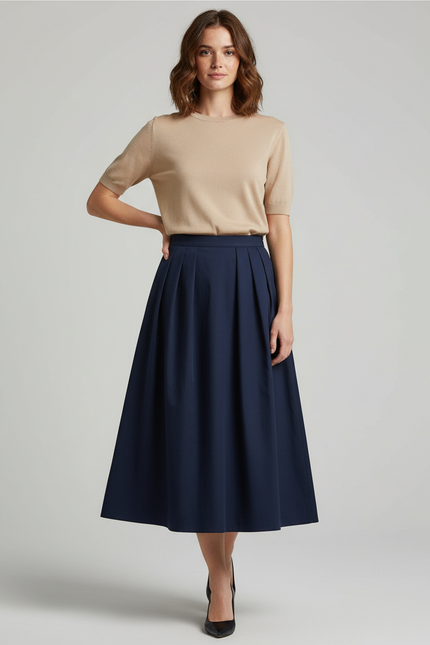 Jupe Midi Bleu Marine Plissée Chic