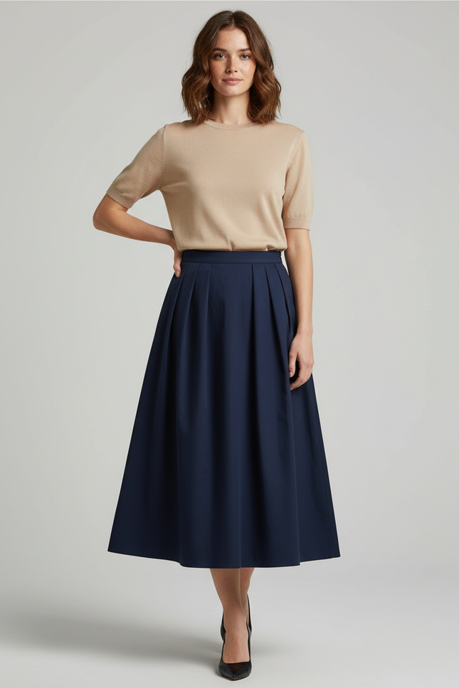 Jupe Midi Bleu Marine Plissée Chic