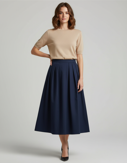 Jupe Midi Bleu Marine Plissée Chic