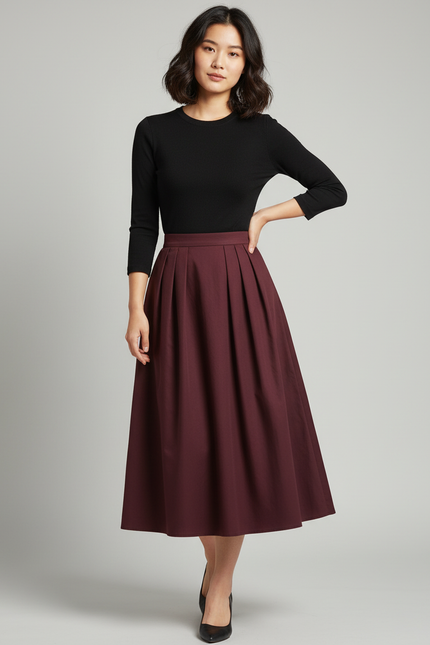 Jupe Midi Bordeaux Plissée Élégante