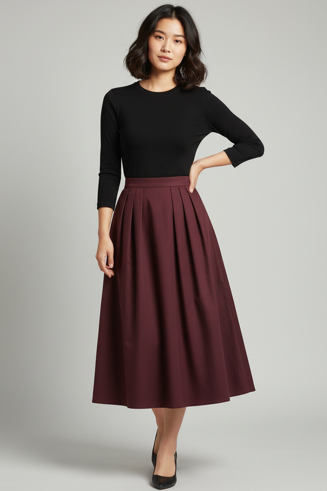 Jupe Midi Bordeaux Plissée Élégante