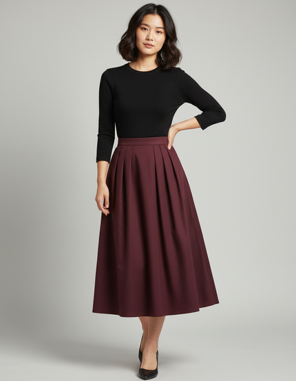 Jupe Midi Bordeaux Plissée Élégante