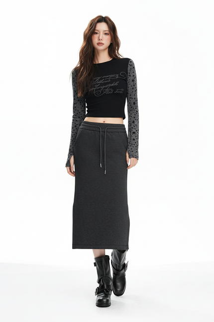 Jupe Midi Gris Chiné Fente Latérale Décontractée