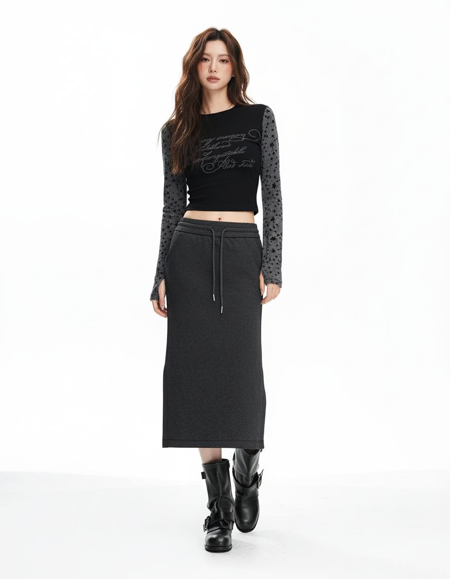 Jupe Midi Gris Chiné Fente Latérale Décontractée