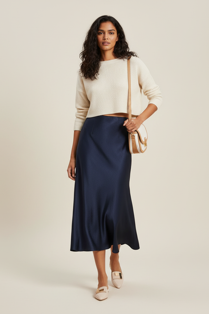 Jupe Midi Satin Bleu Foncé Élégante
