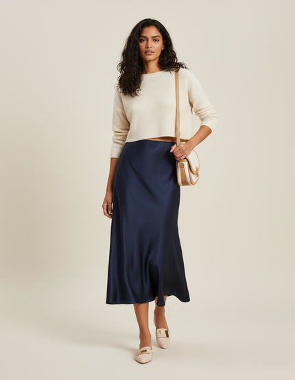 Jupe Midi Satin Bleu Foncé Élégante