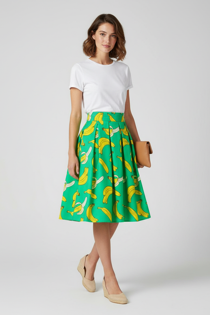 Jupe Midi Vert Bananes Plissée