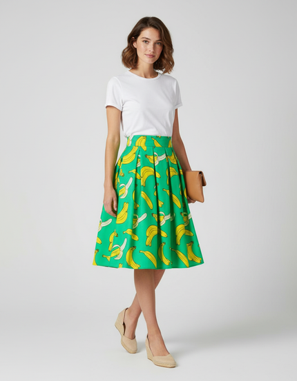 Jupe Midi Vert Bananes Plissée