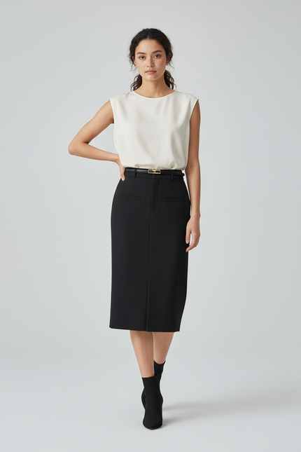 Jupe Midi Noire Taille Haute Élégante élancée