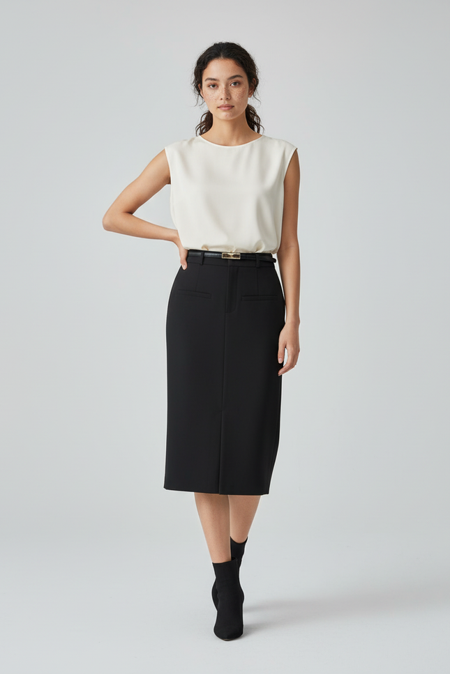 Jupe Midi Noire Taille Haute Élégante élancée